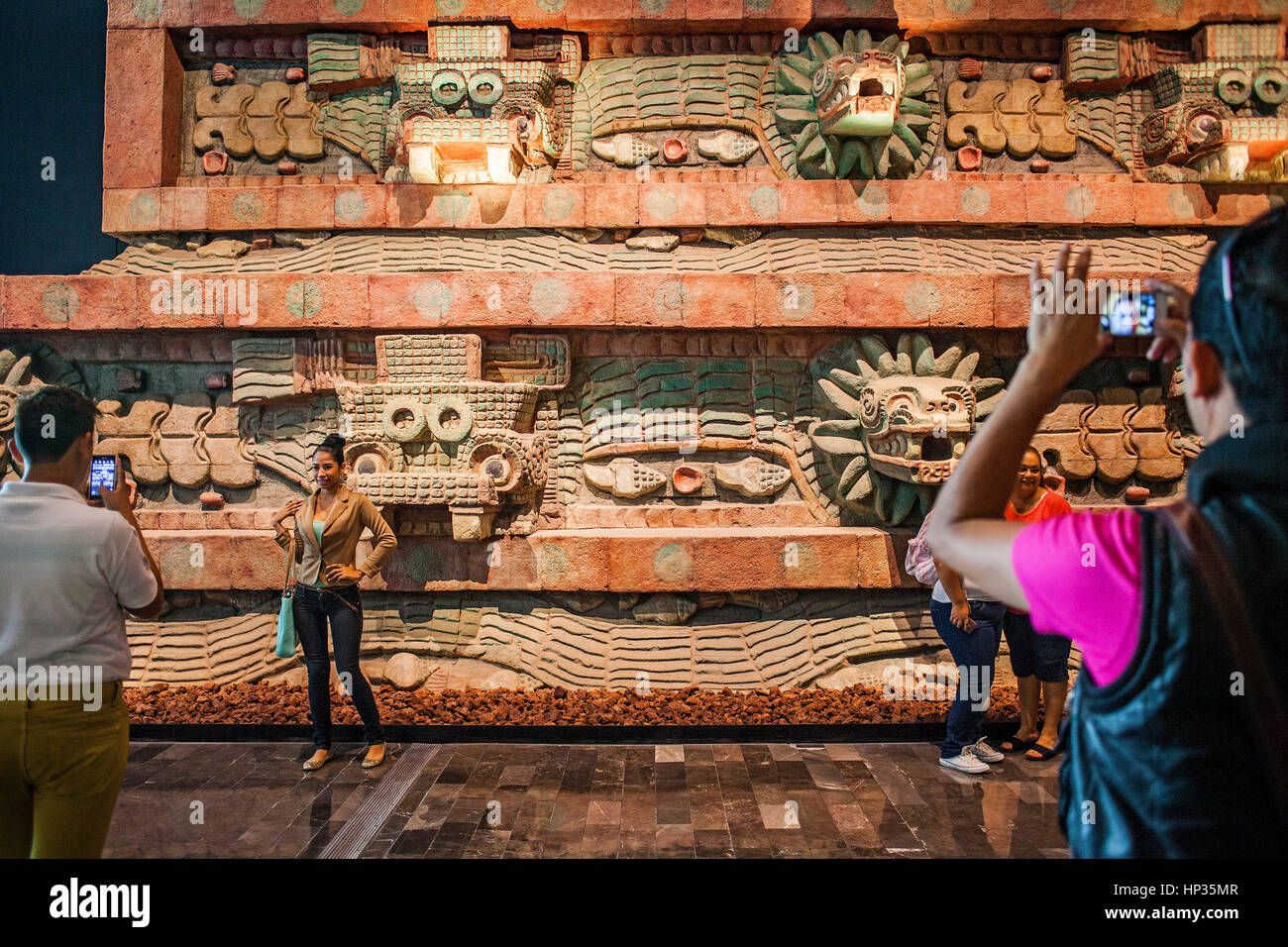 Replica, `Piramide de la serpiente emplumada´, Pyramid of the Feathered Serpent, or snake,from Teotihuacan, National Museum Anthropology. Mexico City. Stock Photo